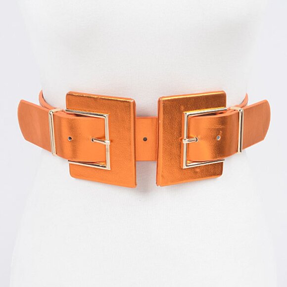 BNWT Metallic Double Buckle Elastic Fashion Belt Square Buckle Stretch Belt - Picture 1 of 5